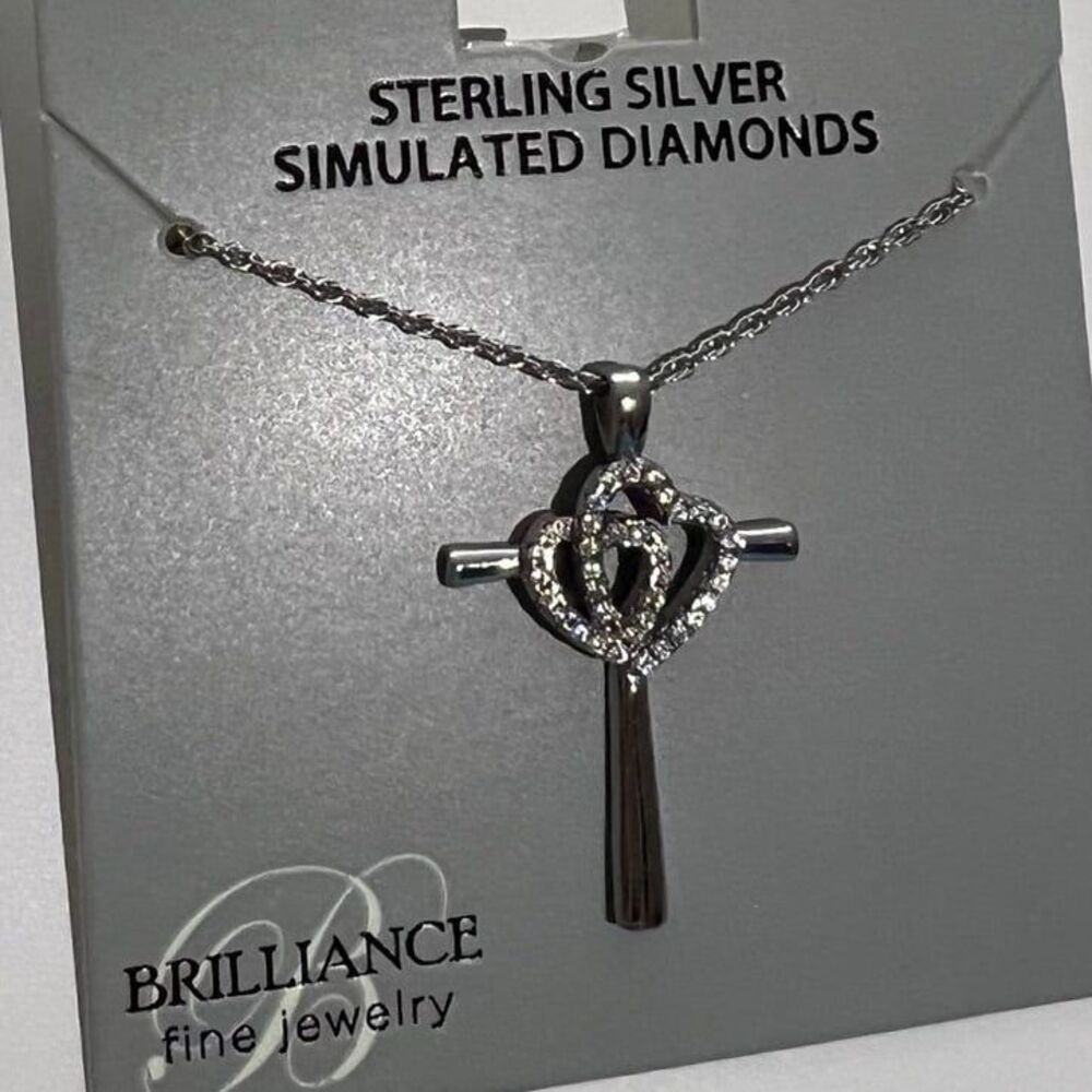 Cross Necklace 925 sterling silver simulated diamonds with two heart details New